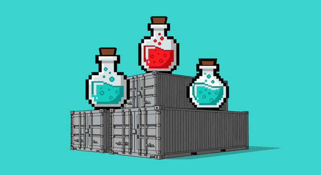 Pixel art potions on shipping containers, representing game assets, inventory, or virtual goods.