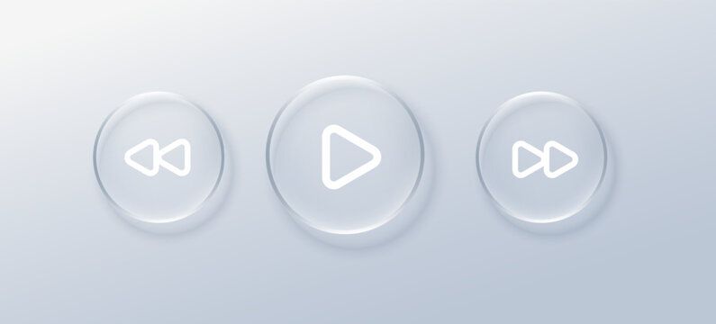 Glass music liquid and button play frame with player effect frosted. White texture shine and glass reflection round with background abstract music. Poster glass download and glassmorphism.