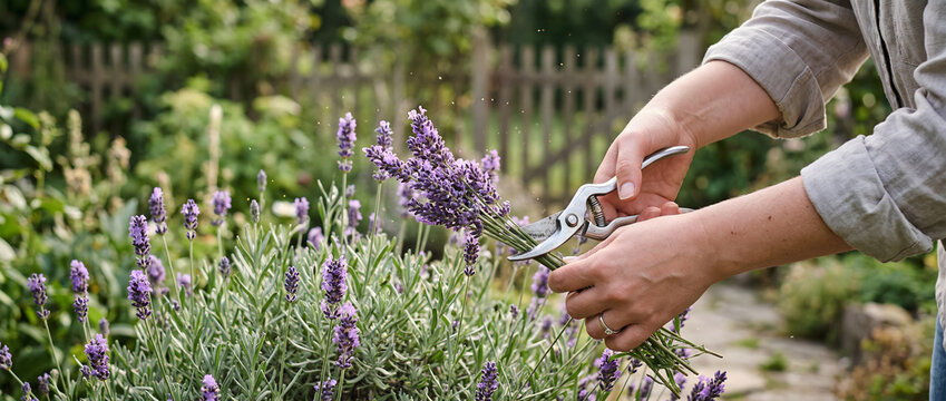 gardener pruning lavender flowers in a beautiful garden with a wooden fence and lush greenery surrounding the floral arrangement enhancing the serene atmosphere of nature and gardening activities