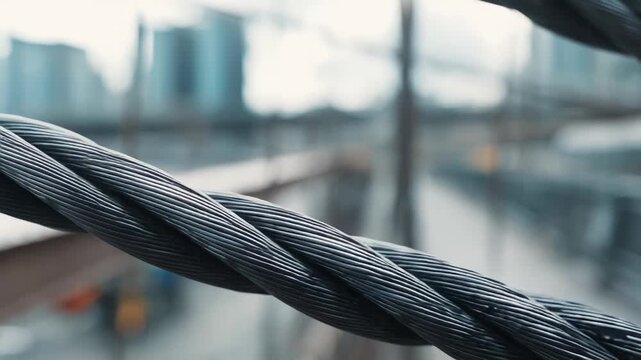 Robust steel wires twisting together, forming a durable suspension cable, providing essential structural support for a metropolitan bridge with city buildings appearing in the blurred background