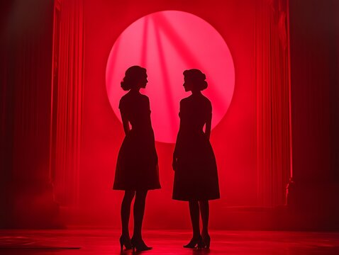 Silhouetted figures under theatrical lighting in red ambiance invoke retro vibes