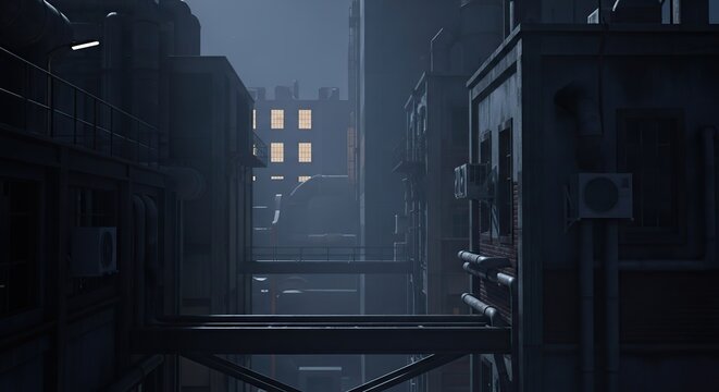 Dark alleyway scene with buildings and a mysterious atmosphere.