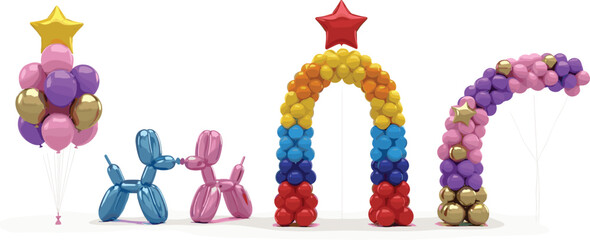 Vector set of colorful party balloon decorations including a bunch with star balloon animals and decorative arches for birthday celebrations events and festive ceremonies. © Maslima