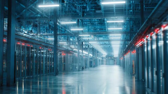 Data center racks storing vast amounts of information and providing powerful cloud computing services, enabling global digital communication and secure database management