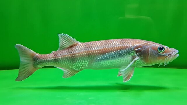 A slender, scaled fish with barbels and prominent fins swims against a vibrant green background in an aquarium.