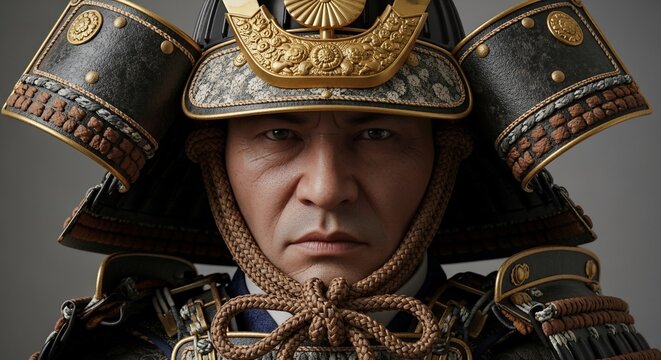 Close up portrait of a stern Japanese samurai warrior in full armor.