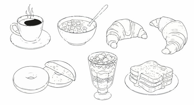 Ensemble de dessins au trait repr&eacute;sentant un petit-d&eacute;jeuner complet avec caf&eacute; chaud, croissants croustillants, bol de c&eacute;r&eacute;ales et bagels frais.