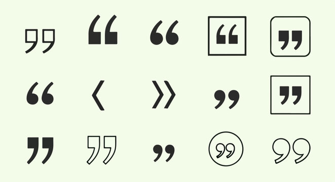 Collection d'ic&ocirc;nes de guillemets noirs de diff&eacute;rents styles pour citations et t&eacute;moignages clients sur un fond clair minimaliste et professionnel.