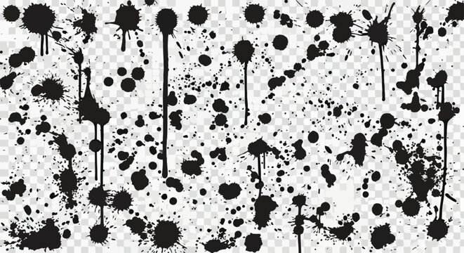 Collection d'&eacute;claboussures d'encre noire avec gouttes et taches de peinture sur fond transparent pour projets de design graphique.