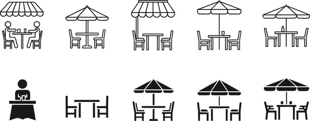 Naklejka premium Vector set of outdoor cafe icons featuring restaurant tables with umbrellas, awnings, and people dining for hospitality branding.