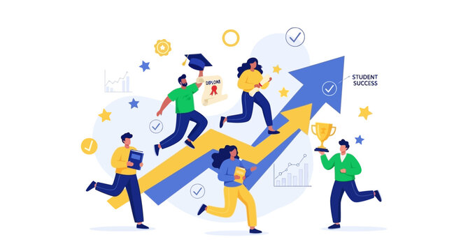 Diverse students celebrating academic success, graduation, and achievement with upward graph