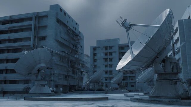 Large parabolic antennas standing in a futuristic concrete complex, focusing on connecting global information and broadcasting data under an overcast sky