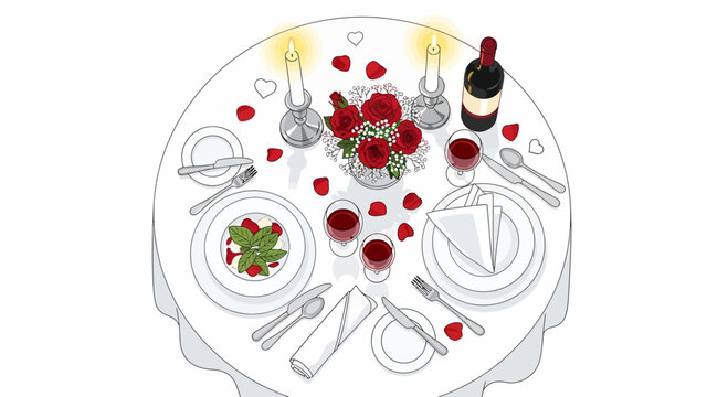 Romantic Dinner Table Setting with Roses, Candles, and Wine for Two