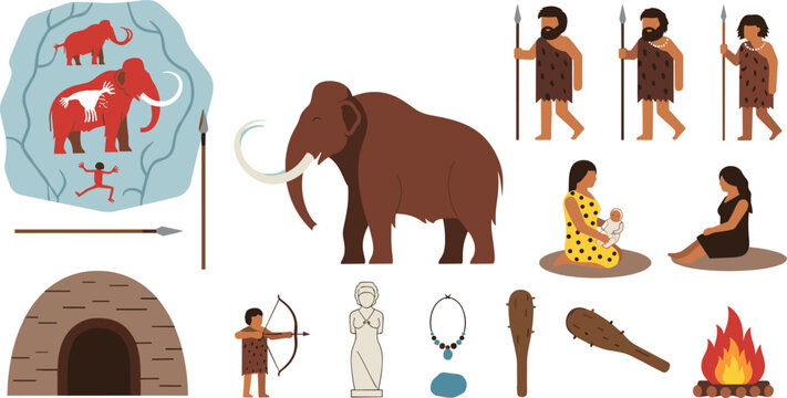 Vector set of prehistoric stone age illustrations featuring cavemen mammoth cave paintings primitive tools weapons campfire and ancient dwelling for history and education.