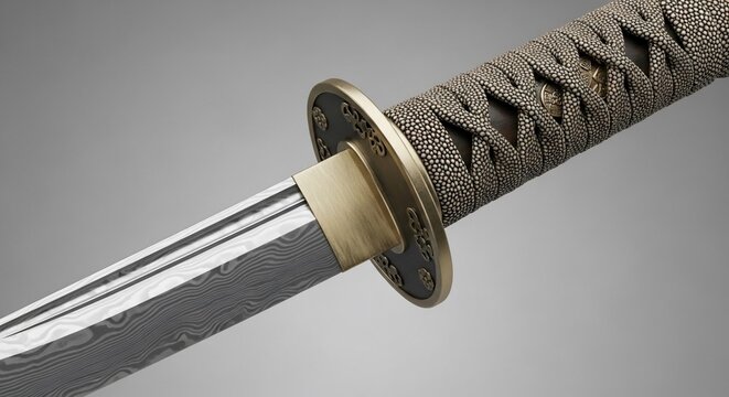 Close-up of a Traditional Japanese Katana Sword Hilt and Blade Detail.