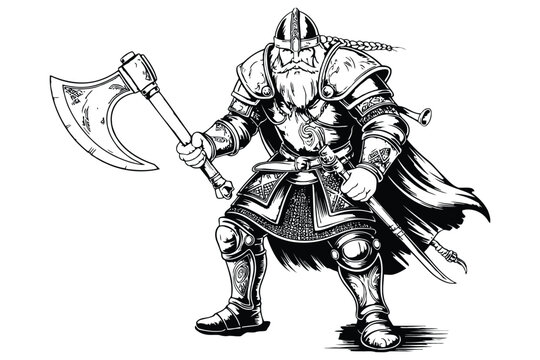 Black and white of armored medieval warrior with helmet and axe knight