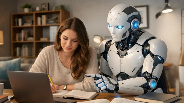 Advanced humanoid robot with artificial intelligence assisting a young female student with her studies, pointing at her laptop screen and explaining concepts in a modern and cozy living room