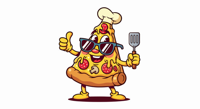 Illustration vectorielle d'une part de pizza cool avec lunettes de soleil, toque de chef et spatule faisant un geste de pouce lev&eacute; sur fond blanc.