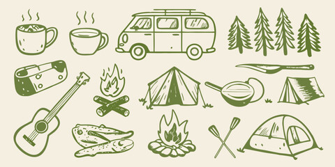Camping themed doodle set with van tent and campfire silhouette © ShibuProsad