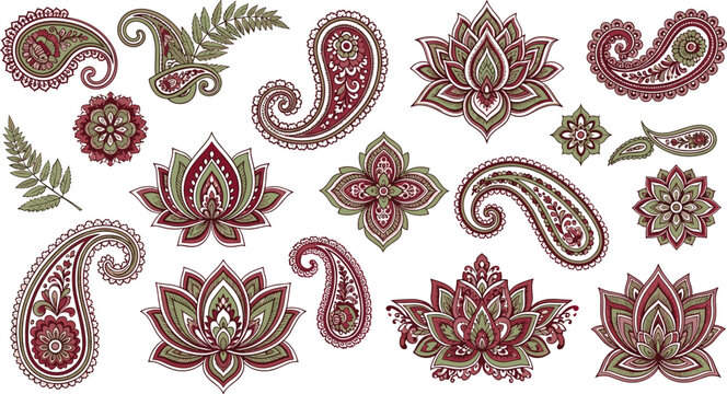 Vector set of traditional paisley and henna floral motifs with intricate decorative patterns in vintage colors for textile design ethnic fashion and oriental ornamentation.