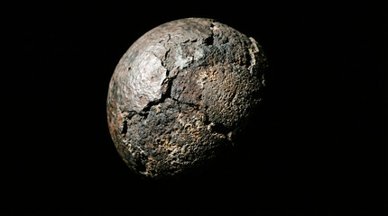 Naklejka premium A close-up view of a cracked and weathered old egg on a dark background