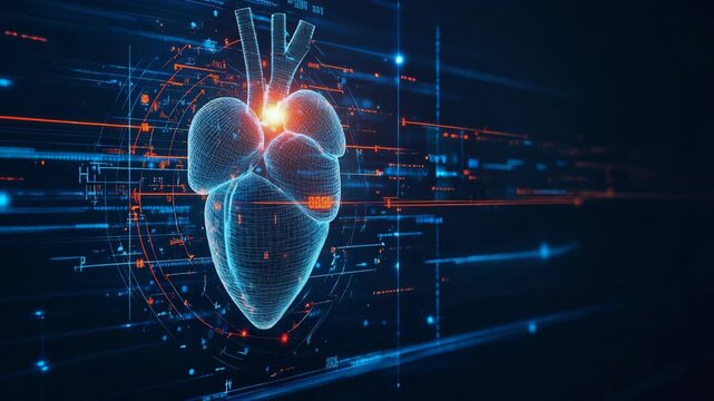 selective focus medical heart implant illustration with ekg waveform screen
