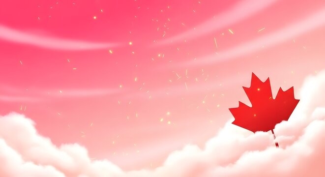 Vibrant canada day celebration background with red maple leaf floating in pink sky among fluffy white clouds on july 1st