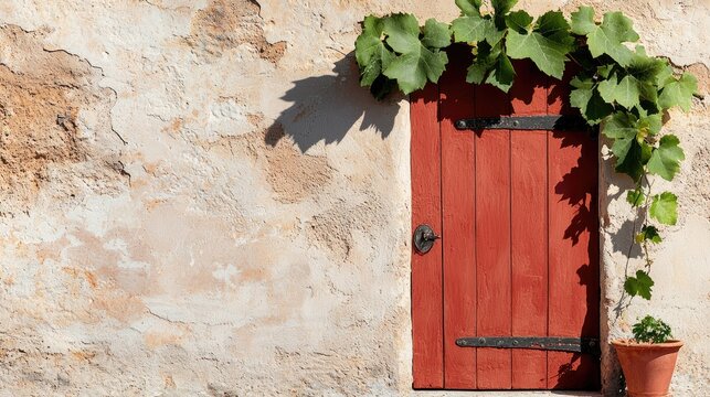 Sunlit Textured Terracotta Wall with Red Wooden Shuttered Window and Green Vine Overgrowth Rustic Exterior Detail in Natural Light