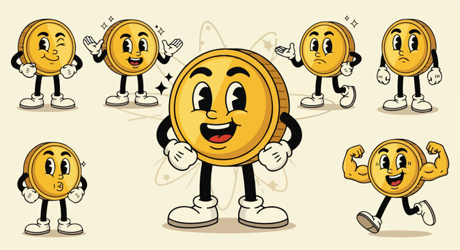 1930年代のレトロなアニメーションスタイルで描かれた、様々な表情やポーズを持つ擬人化された金貨のキャラクターセット。笑顔、ウインク、筋肉を披露する姿など、お金や投資、貯蓄をテーマにした親しみやすいベクターイラスト素材です。