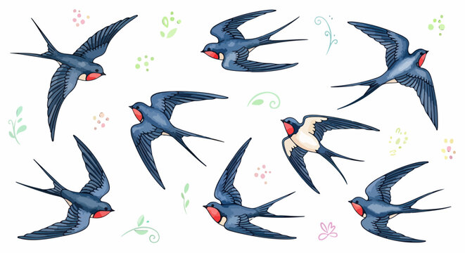 白い背景に舞う複数のツバメを水彩画のような繊細なタッチで描いたイラストレーションで、春の訪れや自由、幸福を象徴する渡り鳥の優雅な飛行ポーズがセットになった、デザインに使いやすい高品質なグラフィック素材です。