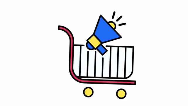 Shopping cart paired with a blue and yellow megaphone. Perfect for advertising, marketing, sales promotions, retail concepts, communication themes.