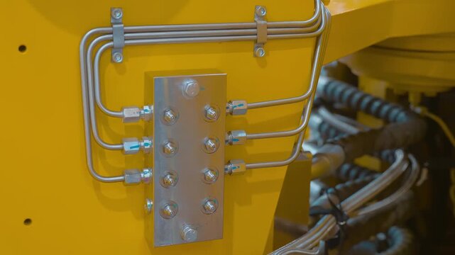 Hydraulic adjustment blocks in the system with stainless steel pipes connected to them in powerful industrial equipment. Closeup. Shot in motion 