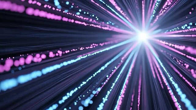 Abstract quantum computing data stream with glowing blue and pink particles in cyberspace