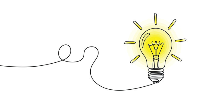 Continuous line drawing of glowing lightbulb idea concept