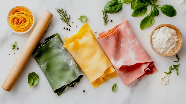 Three fresh lasagna sheets, each tinted a different natural color (spinach green, beetroot pink, turmeric yellow), are laid out overlapping slightly