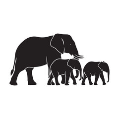 Fototapeta premium Black silhouette of an elephant family walking together in a line