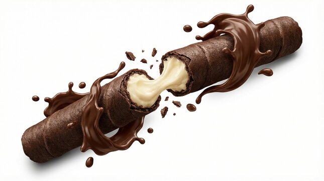 Chocolate bar broken in half with creamy filling and chocolate splash.