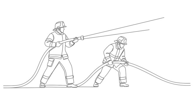 Two firefighters battling blaze continuous line art emergency service