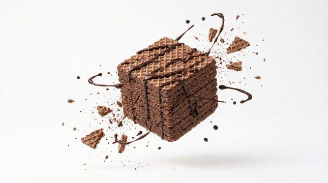 Chocolate wafer cube with chocolate drizzle and crumbs.