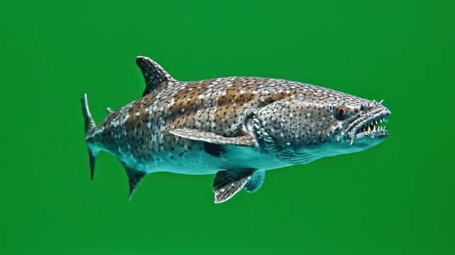 A large, spotted shark-like fish with sharp teeth swimming in vibrant green water.