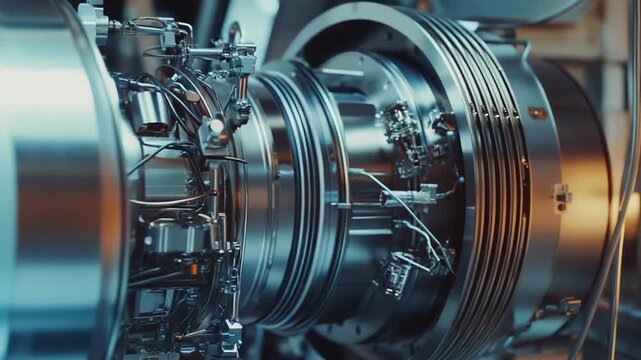 Close up of intricate metal parts and tubing in a powerful jet engine turbine, representing aerospace engineering, industrial precision, and modern technology development