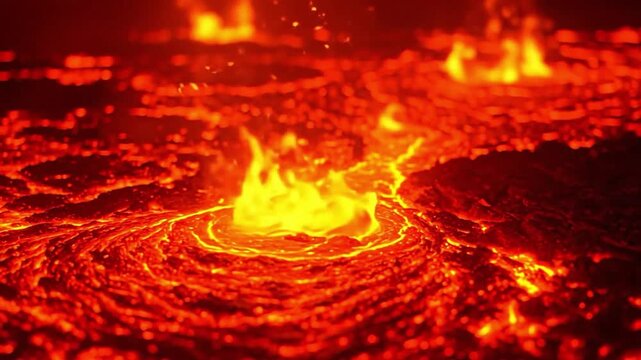 Molten lava flow in a volcanic crater, primordial earth landscape, hellish underworld background