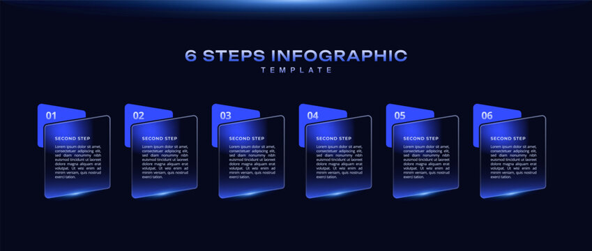 Modern dark glassmorphism infographic 6 step futuristic UI with black blue gradient, soft blur transitions, glass effect for tech dashboard, process diagram, workflow layout, flowchart, banner