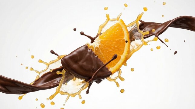 Dynamic splash of chocolate and orange juice around a chocolatedipped orange slice.