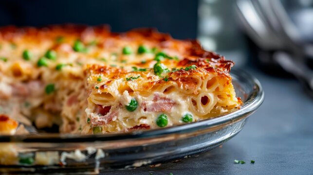a baked linguine dish. A slice is removed from a baked pasta timbale or pasta pie, revealing beautiful, tight layers of linguine, b&eacute;chamel sauce, ham, and peas