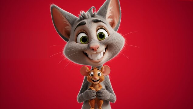A cartoon mouse holding a small toy mouse.