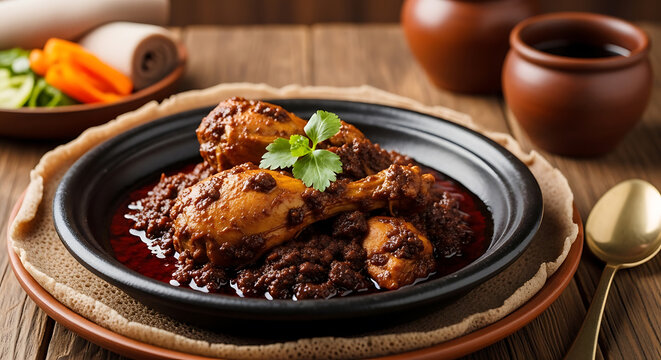 Traditional Ethiopian Doro Wat chicken stew with injera and fresh vegetables on a rustic table