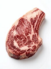 Obraz premium Bone-in ribeye steak, raw marbled beef cut for grilling, bone in, marbled meat