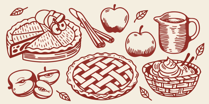 Autumnal apple pie and fruit arrangement in a sketch silhouette