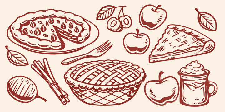 Autumnal apple pie and fruit arrangement in a hand drawn silhouette